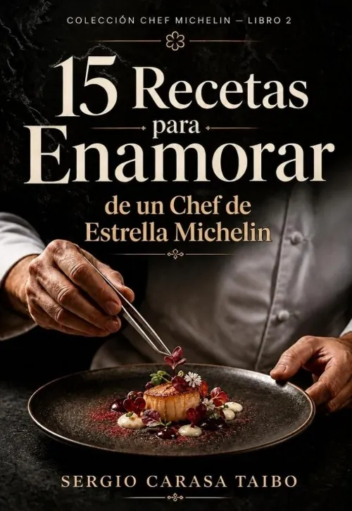 Portada de 15 Recetas para Enamorar de un Chef de Estrella Michelin, de Sergio Carasa Taibo: un chef emplata una vieira con pinzas