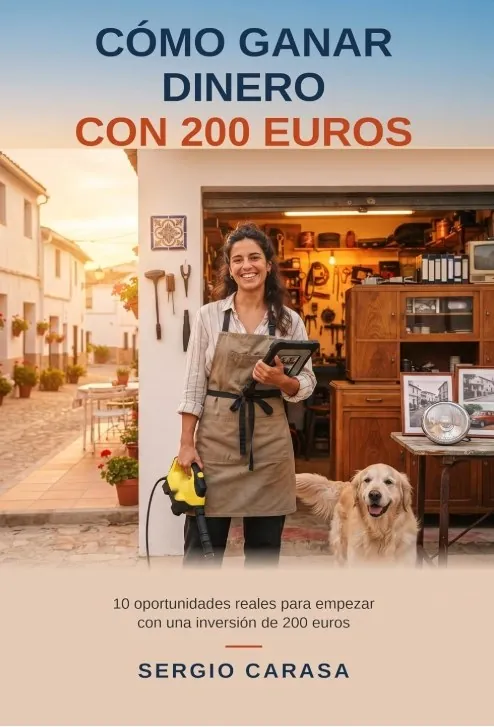 Portada de Cómo ganar dinero con 200 euros, de Sergio Carasa: una mujer con delantal y una hidrolimpiadora frente a un taller, con su perro