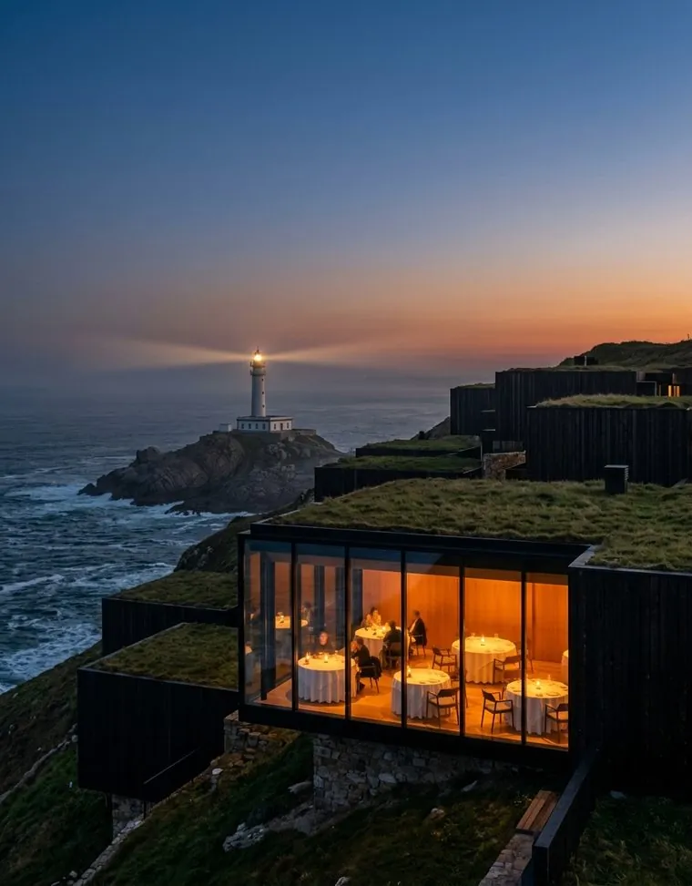 Portada de Itsoa: un faro y un restaurante de cristal sobre un acantilado al atardecer
