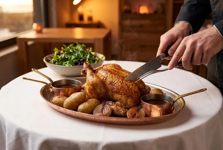 Pollo asado trinchado en sala