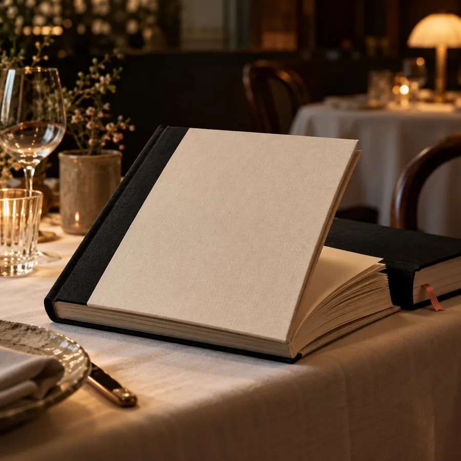 Dos libros encuadernados en tela sobre la mesa de un restaurante